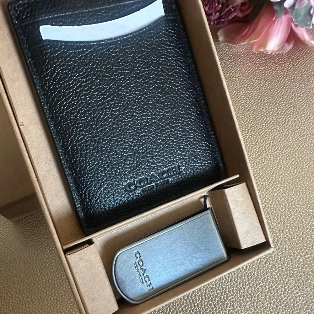 NWT Coach 3-in-1 Black Leather Wallet & Money Clip Set
